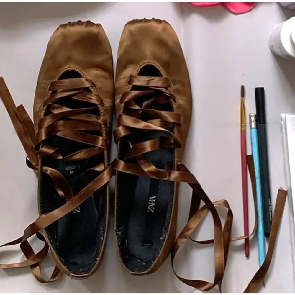 Zara NWT Ochre Brown Lace Up Satin Ballet Flats 7.5 - Picture 9 of 16